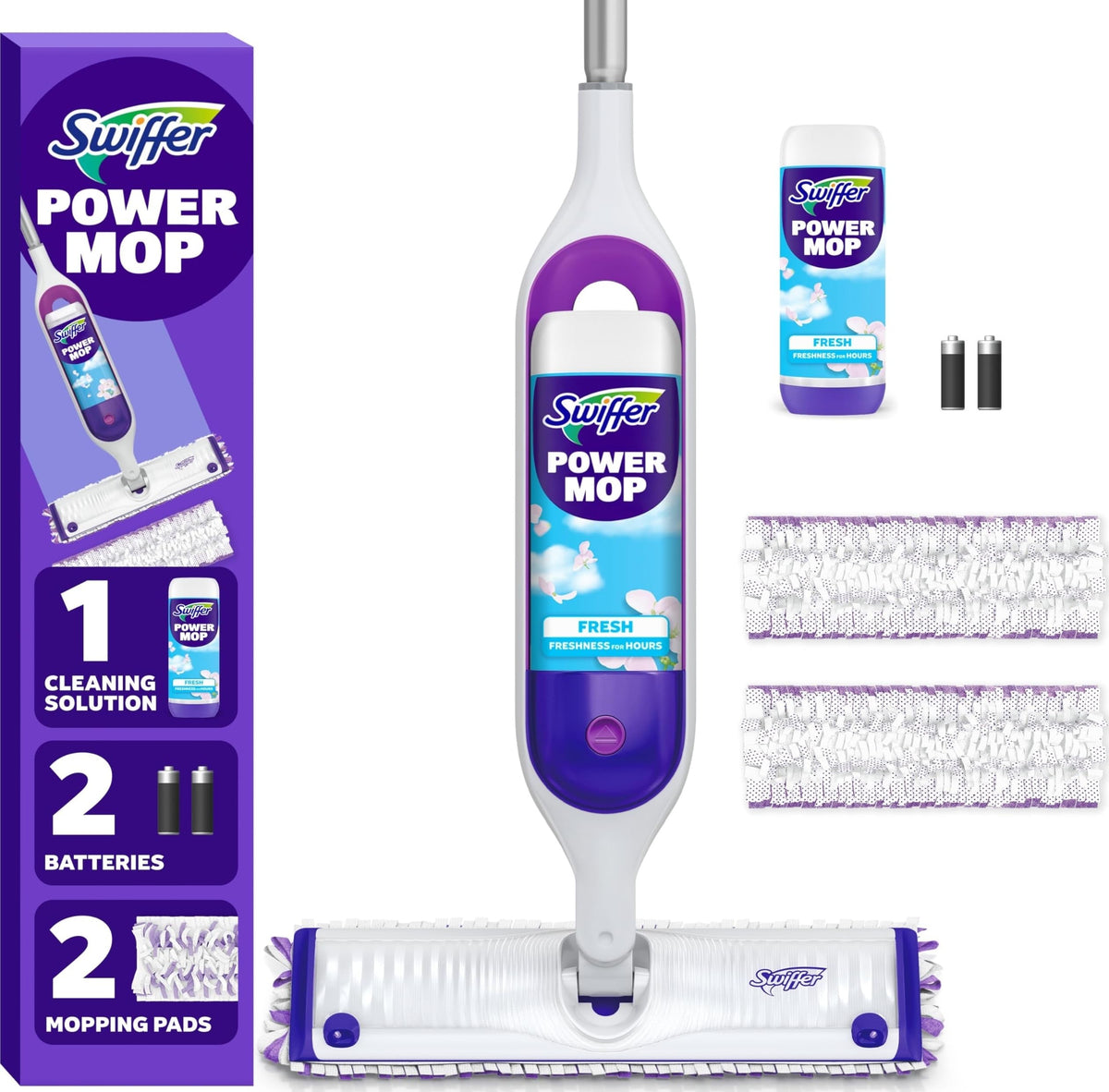 Swiffer PowerMop vista frontal mostrando diseño y beneficio ahorro de tiempo