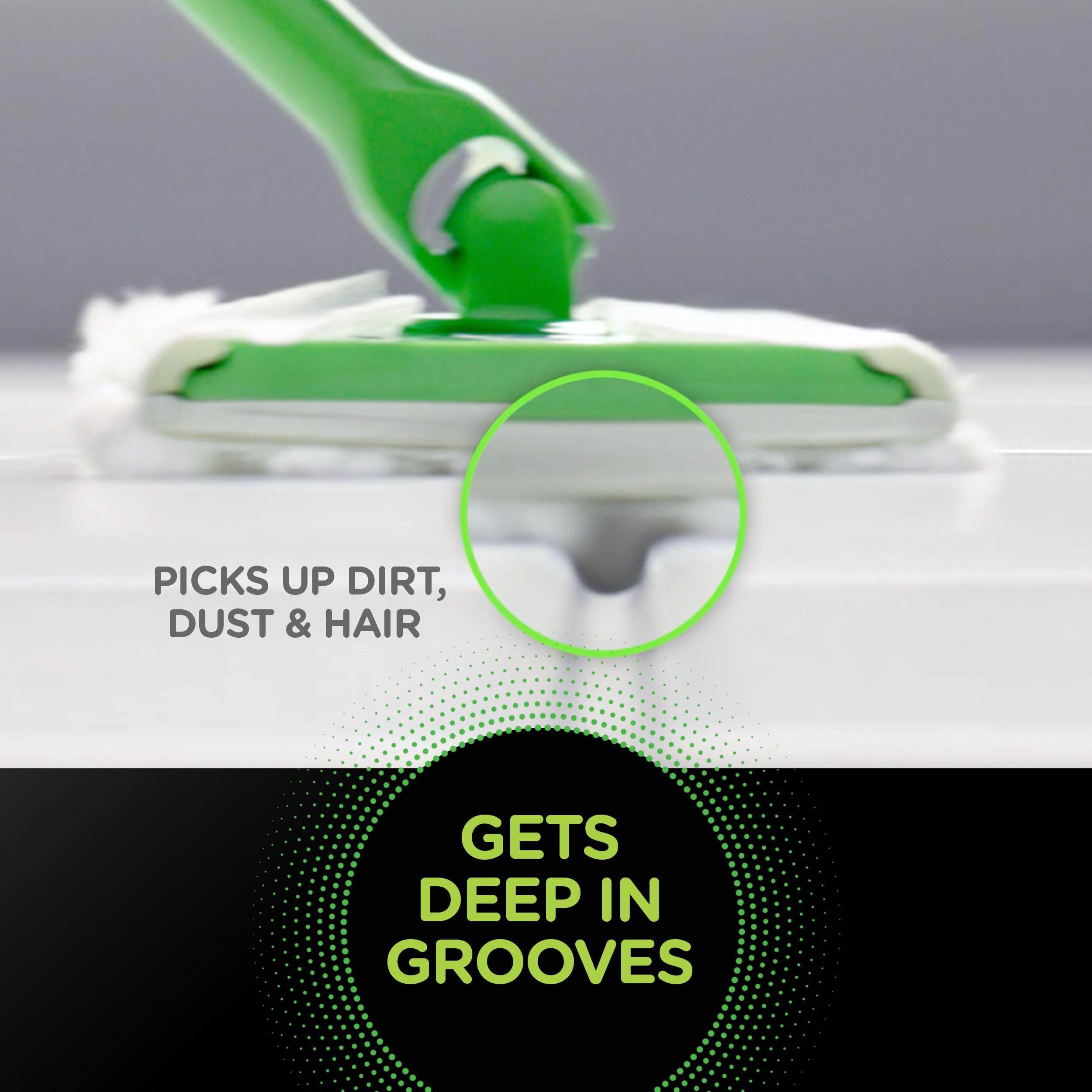 Swiffer paño en suelo de madera recogiendo polvo, protege el acabado