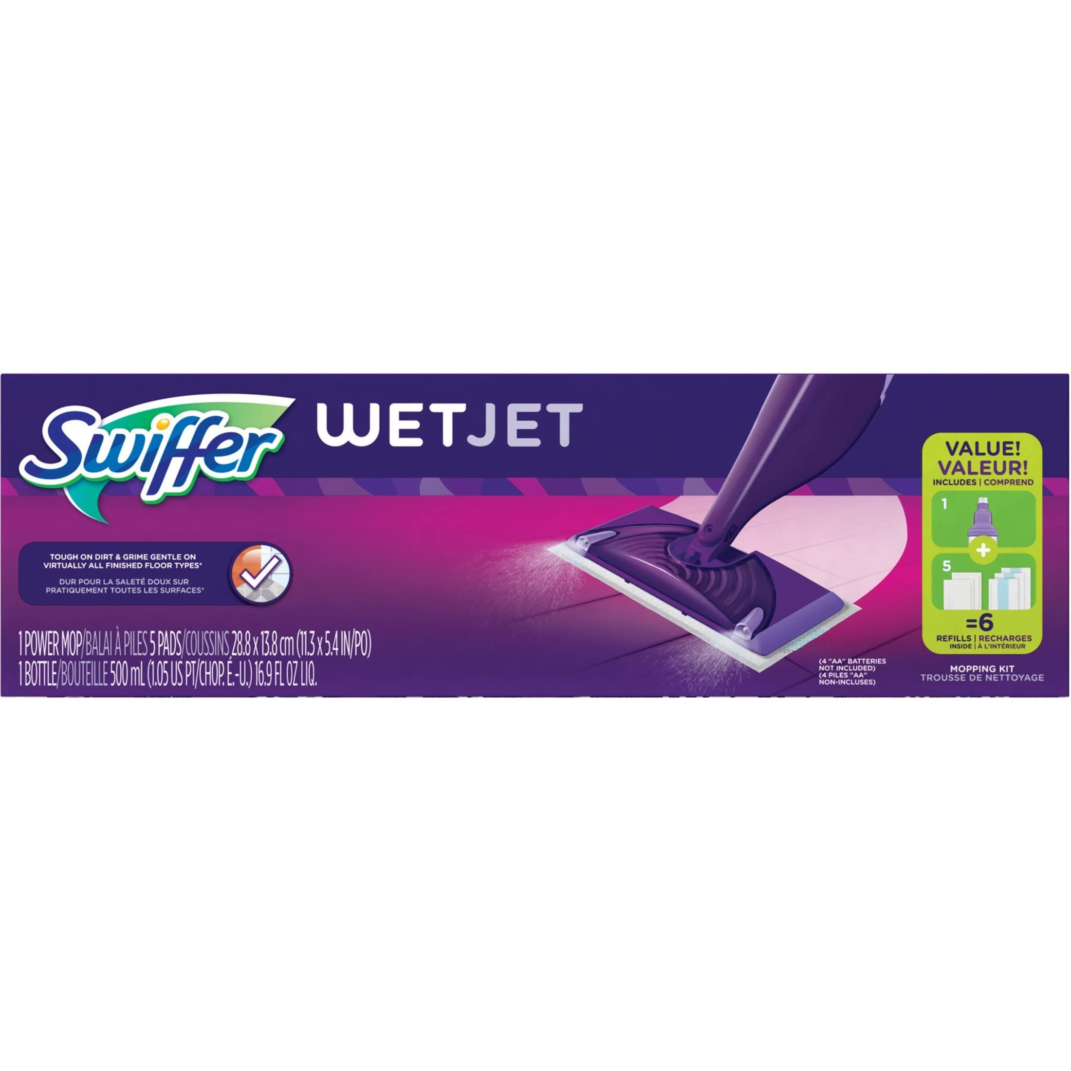 Swiffer WetJet boquilla doble en primer plano mostrando pulverizado uniforme