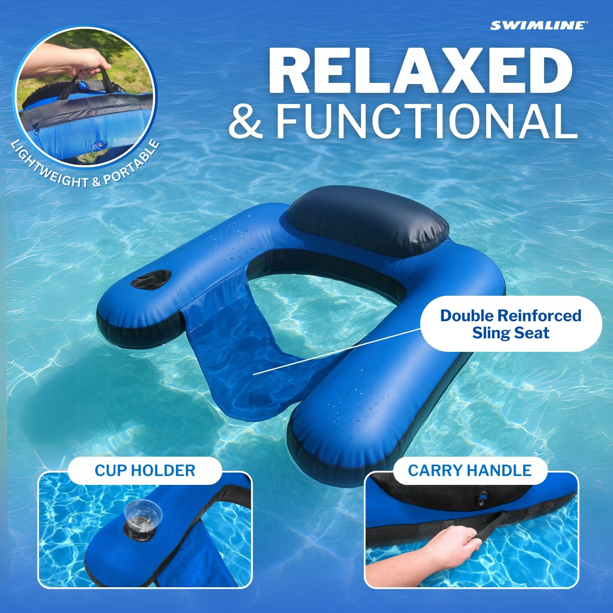 Swimline respaldo inflable mostrando soporte lumbar cómodo