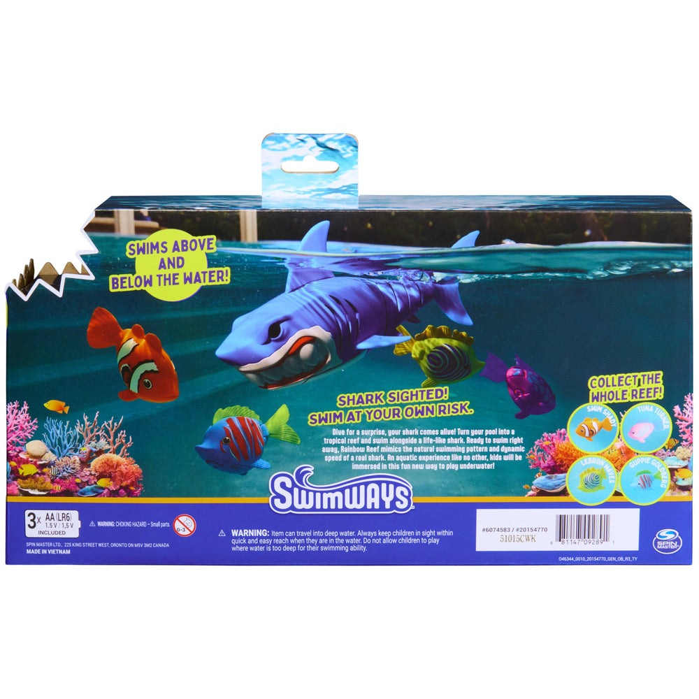 SwimWays packaging con baterías AAA incluidas para juego inmediato