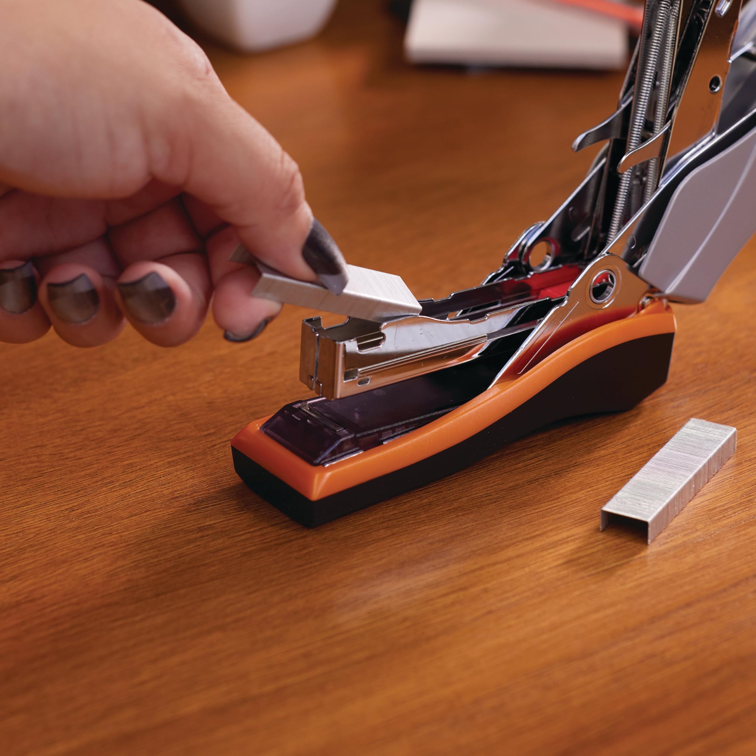 Swingline Optima 40 open refill shot with half-strip staples for easy loading