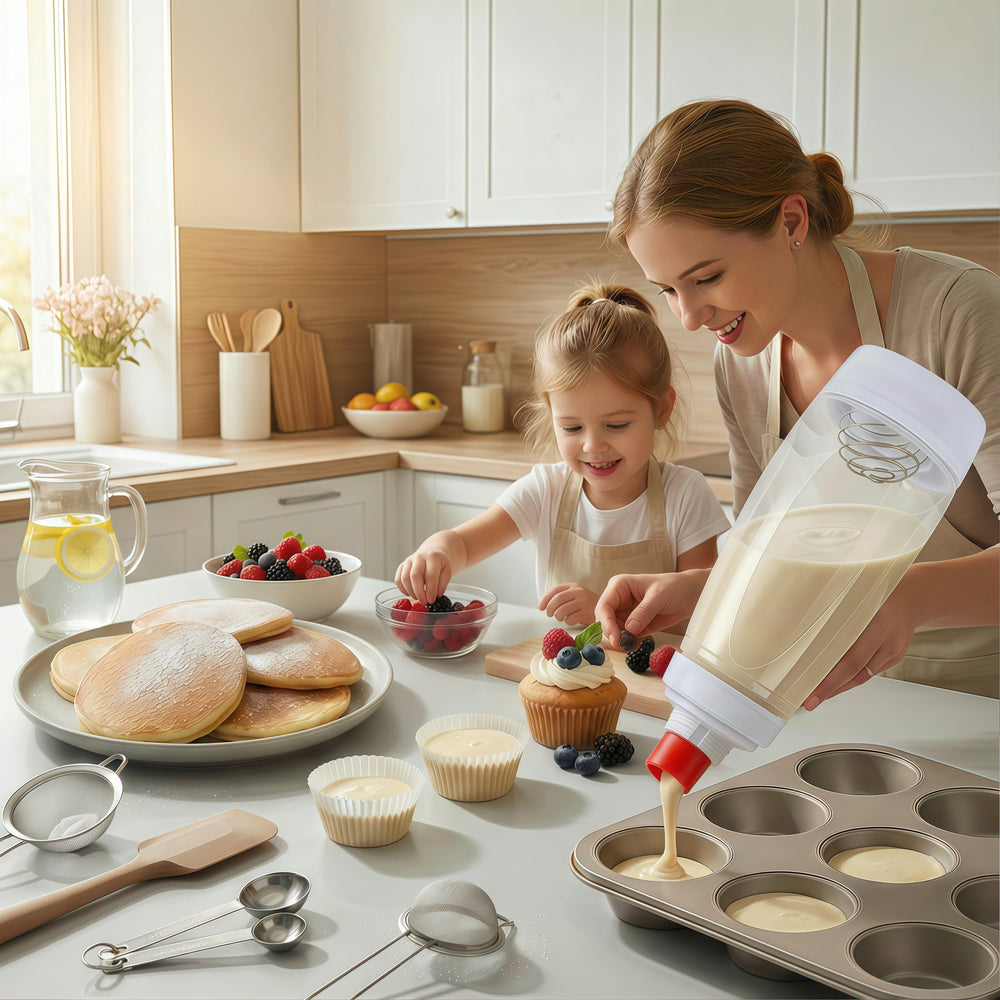 sykexonm botella en uso vertiendo masa en sartén para pancakes perfectos