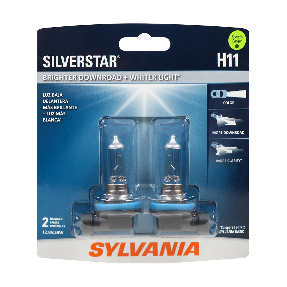 SYLVANIA empaque frontal del par H11 SilverStar mostrando marca y beneficio de visibilidad