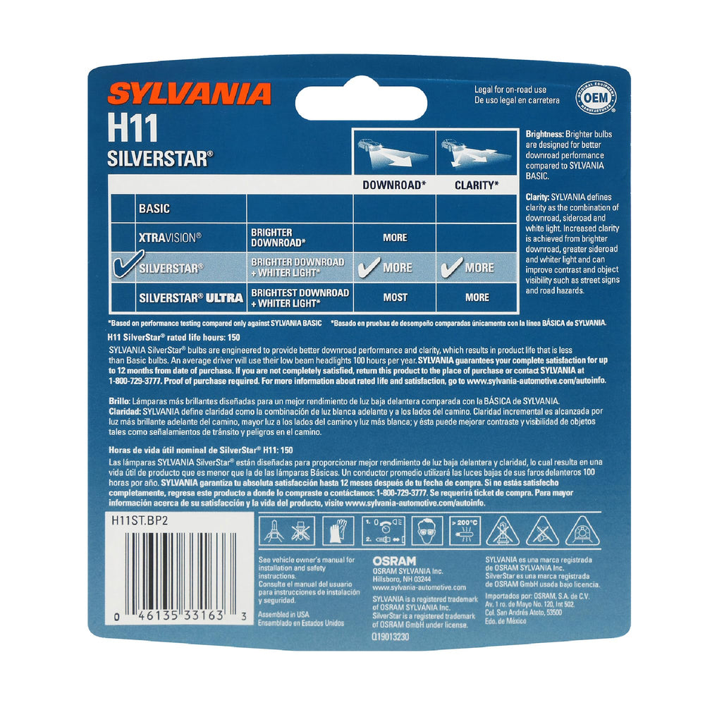 SYLVANIA primer plano del bulbo H11 SilverStar que revela su recubrimiento y claridad