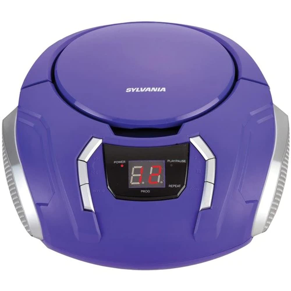 SYLVANIA Proscan Elite vista frontal morado con pantalla LED y bandeja superior, portátil y práctico