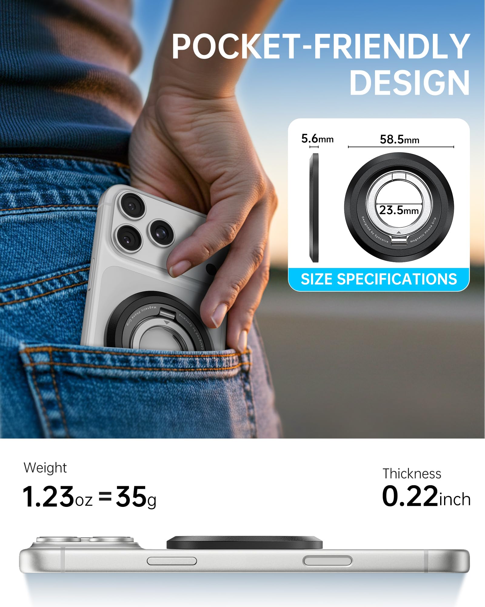 SYNCWIRE bisagra abierta a 170° demostrando resistencia y posicionamiento estable