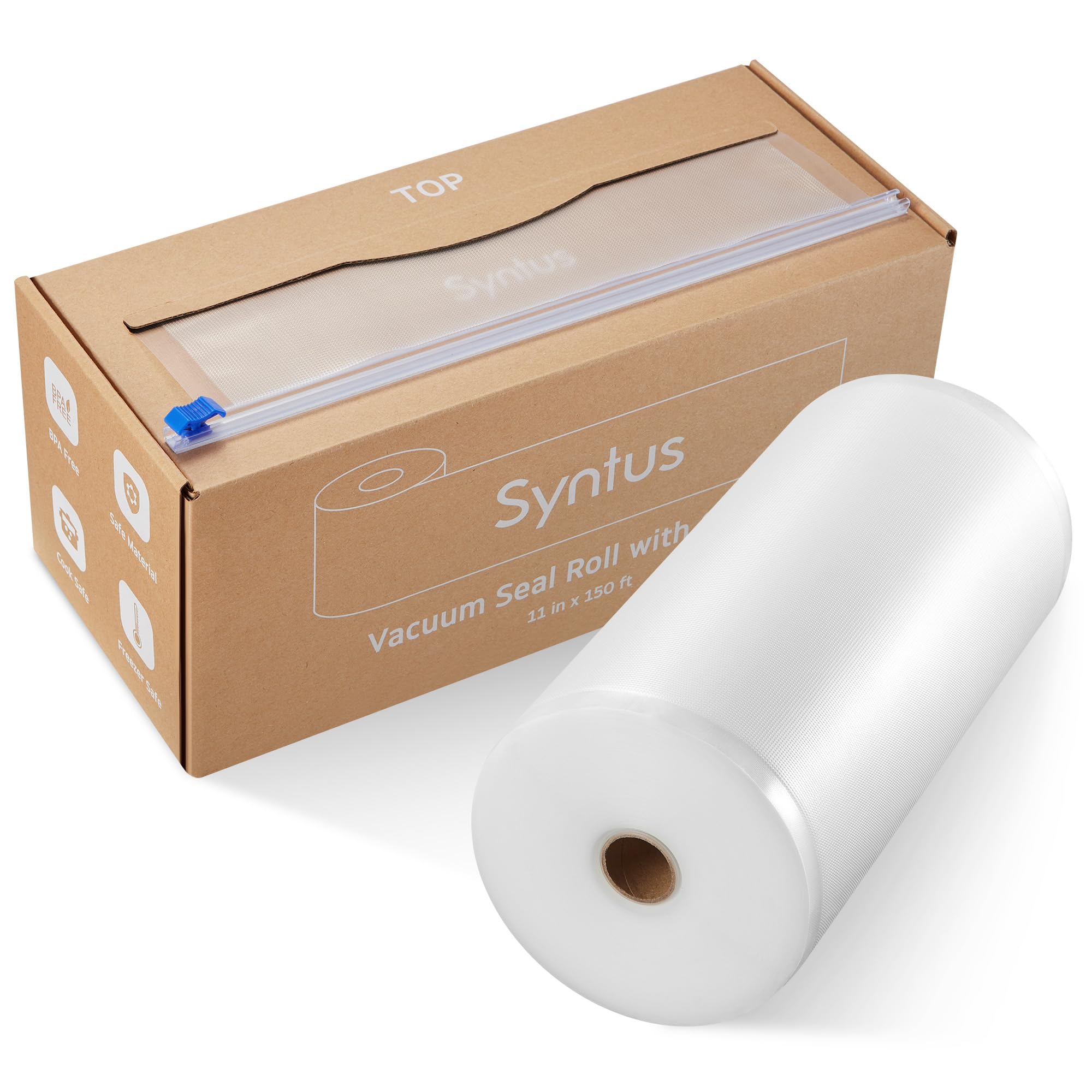 Syntus frente de la caja del rollo mostrando dimensiones y cortador integrado, conveniencia inmediata
