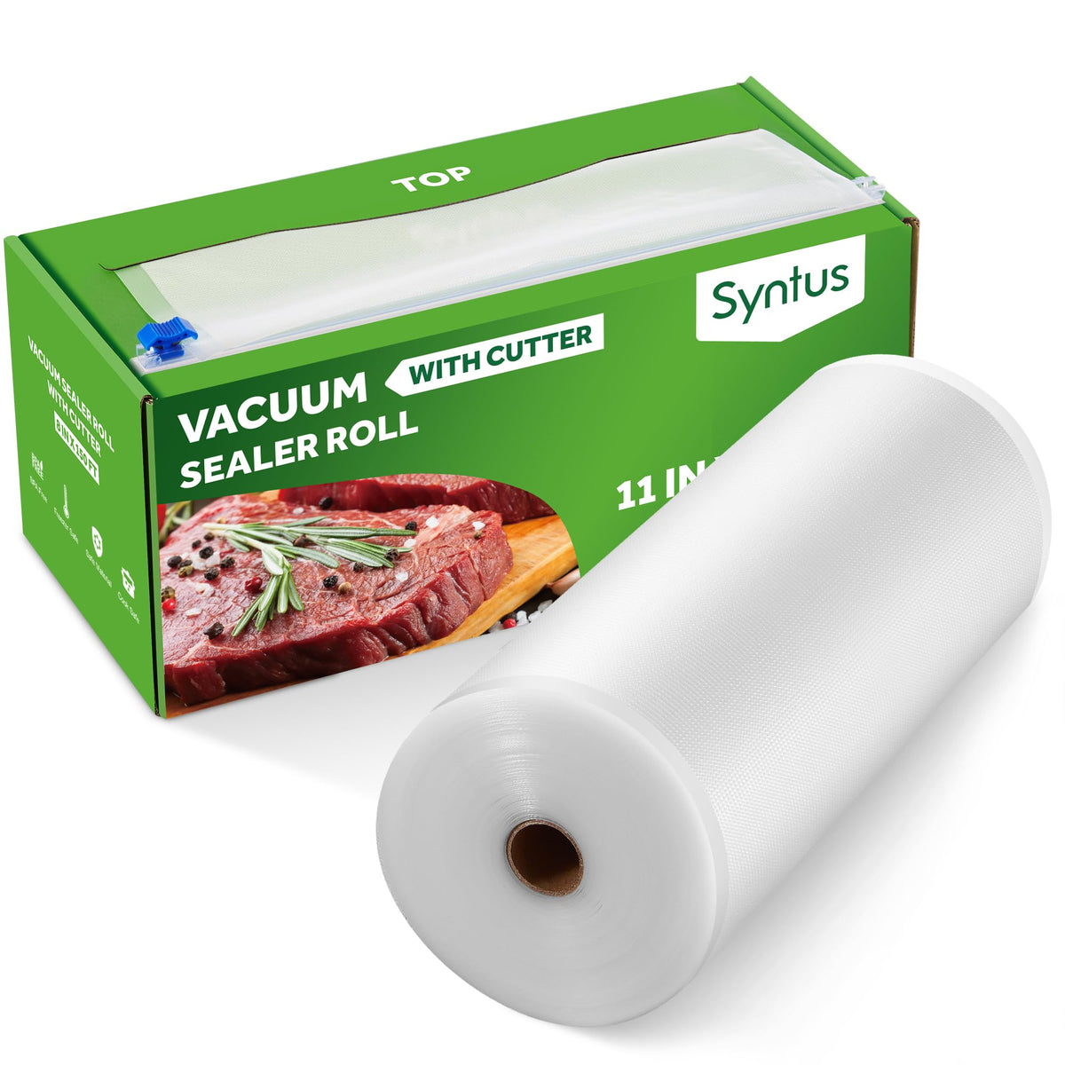 Syntus frente del empaque mostrando el rollo y cortador para corte preciso