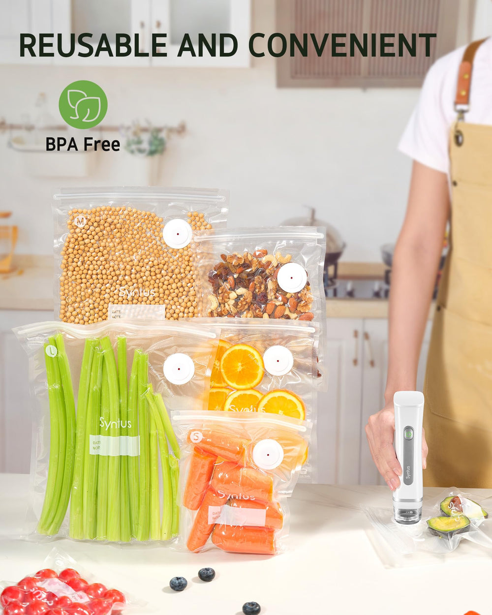 Syntus bag attached to a vacuum sealer demonstrating fast airtight removal of air
