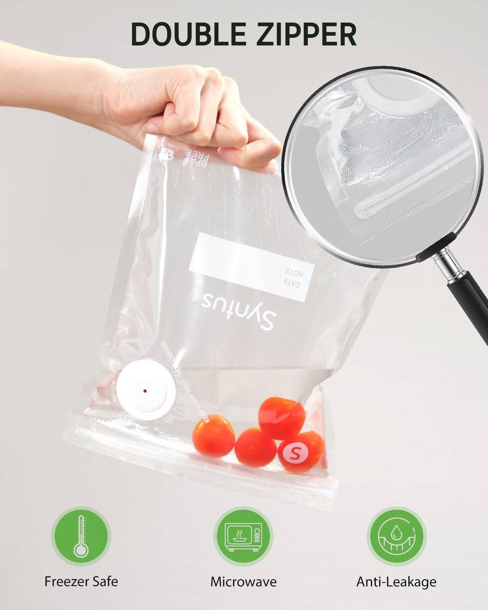 Syntus three bag sizes laid flat showing small, medium, large for portioning