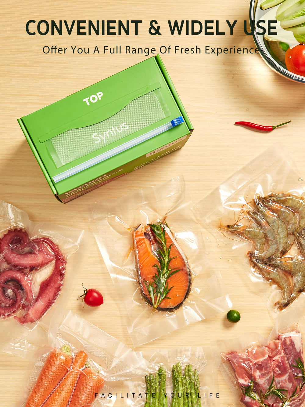 Syntus bolsa cocinando sous-vide, apta para conservas y cocción controlada