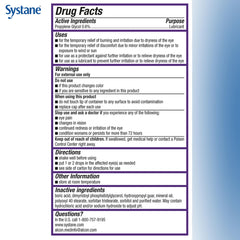 Systane bottle next to common items showing compact travel size