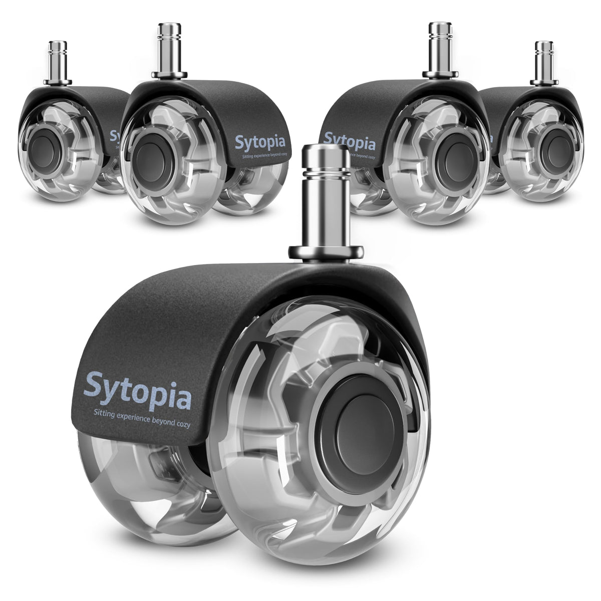Sytopia ruedas frontal del paquete mostrando cinco casters, mejora estética rápida