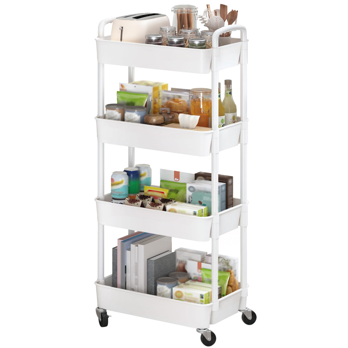 Sywhitta carrito frontal blanco mostrando 4 niveles y ruedas, ideal para ordenar
