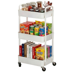 Sywhitta front view of three-tier white cart showing neat organization and accessibility