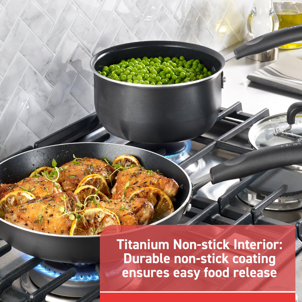 T-Fal fry pan searing steak demonstrating quick even heating benefit