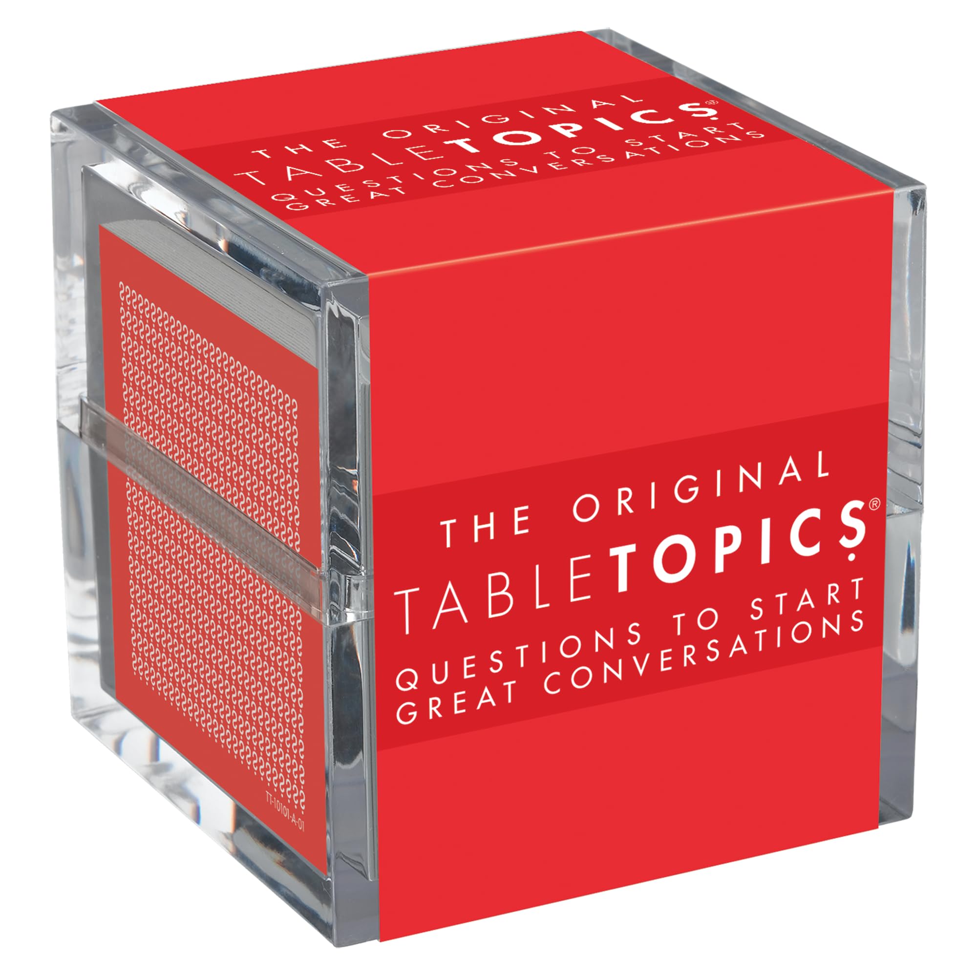 TableTopics caja cúbica transparente mostrando tarjetas, facilita presentación en mesa
