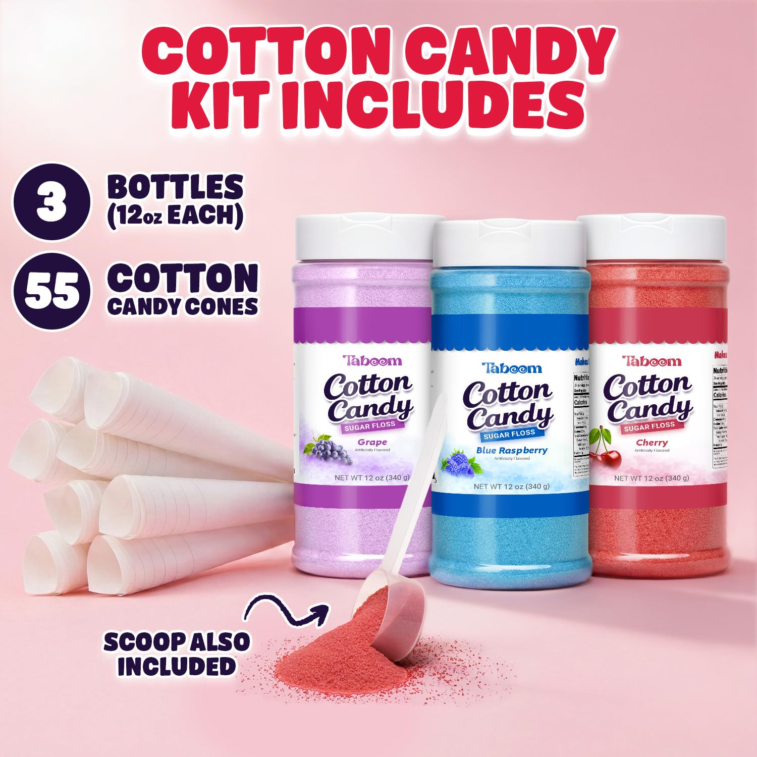 Taboom spun cotton candy on cone, bright colors for festive presentation