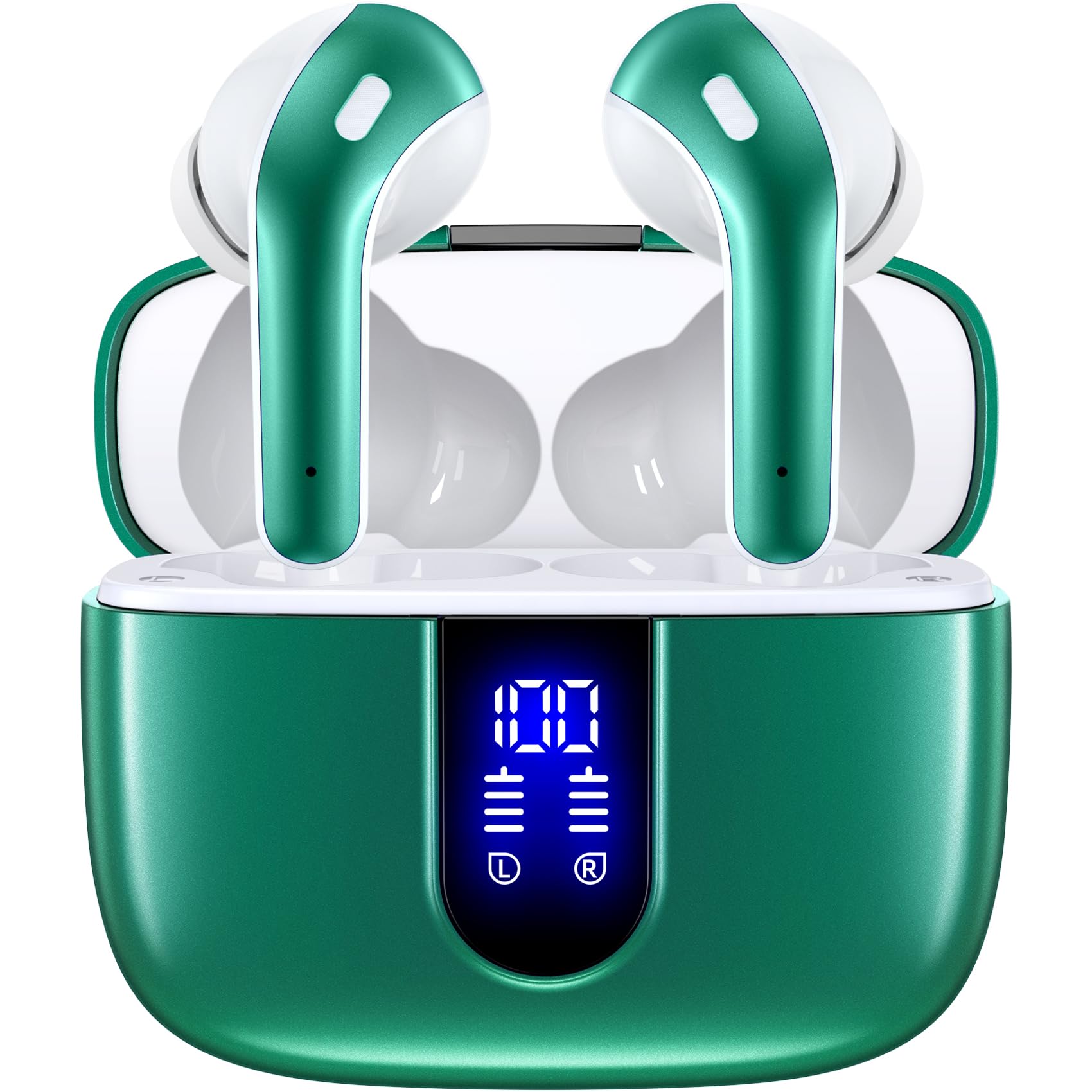 TAGRY vista frontal del estuche abierto con auriculares y beneficio portabilidad