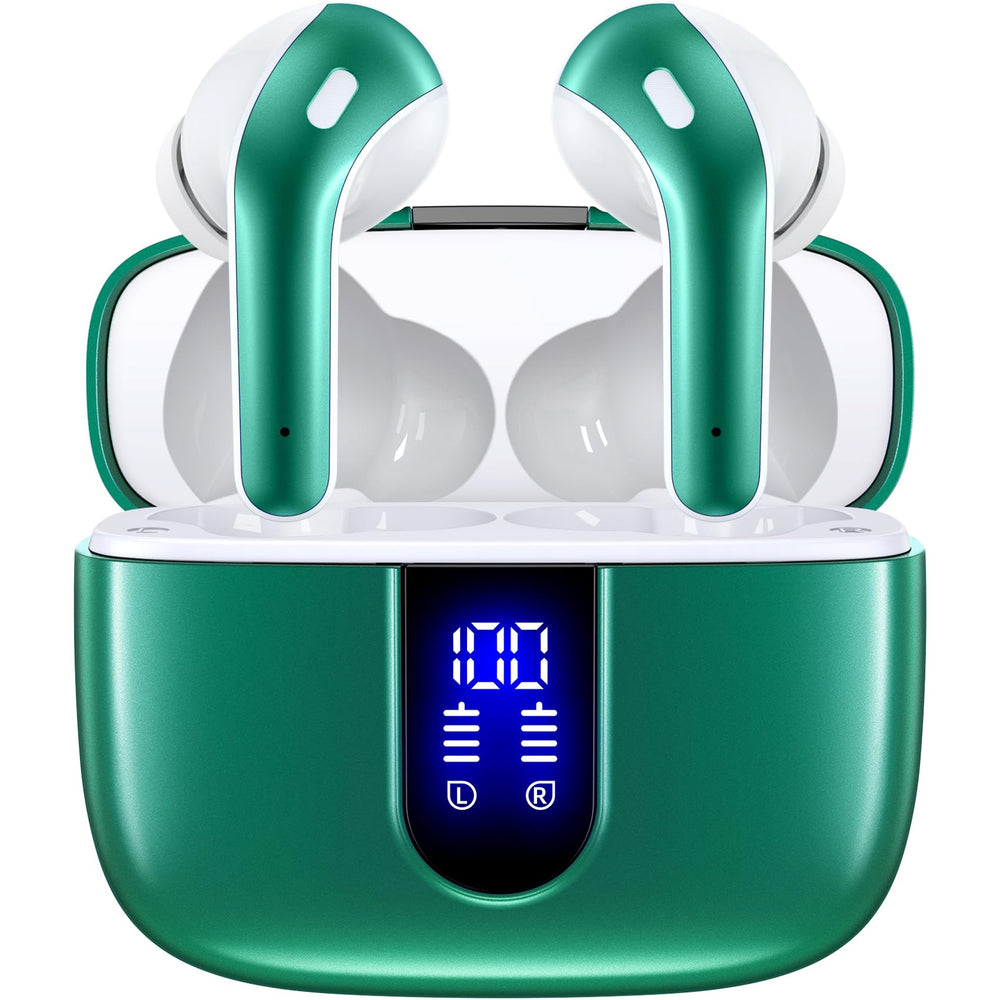 TAGRY vista frontal del estuche abierto con auriculares y beneficio portabilidad