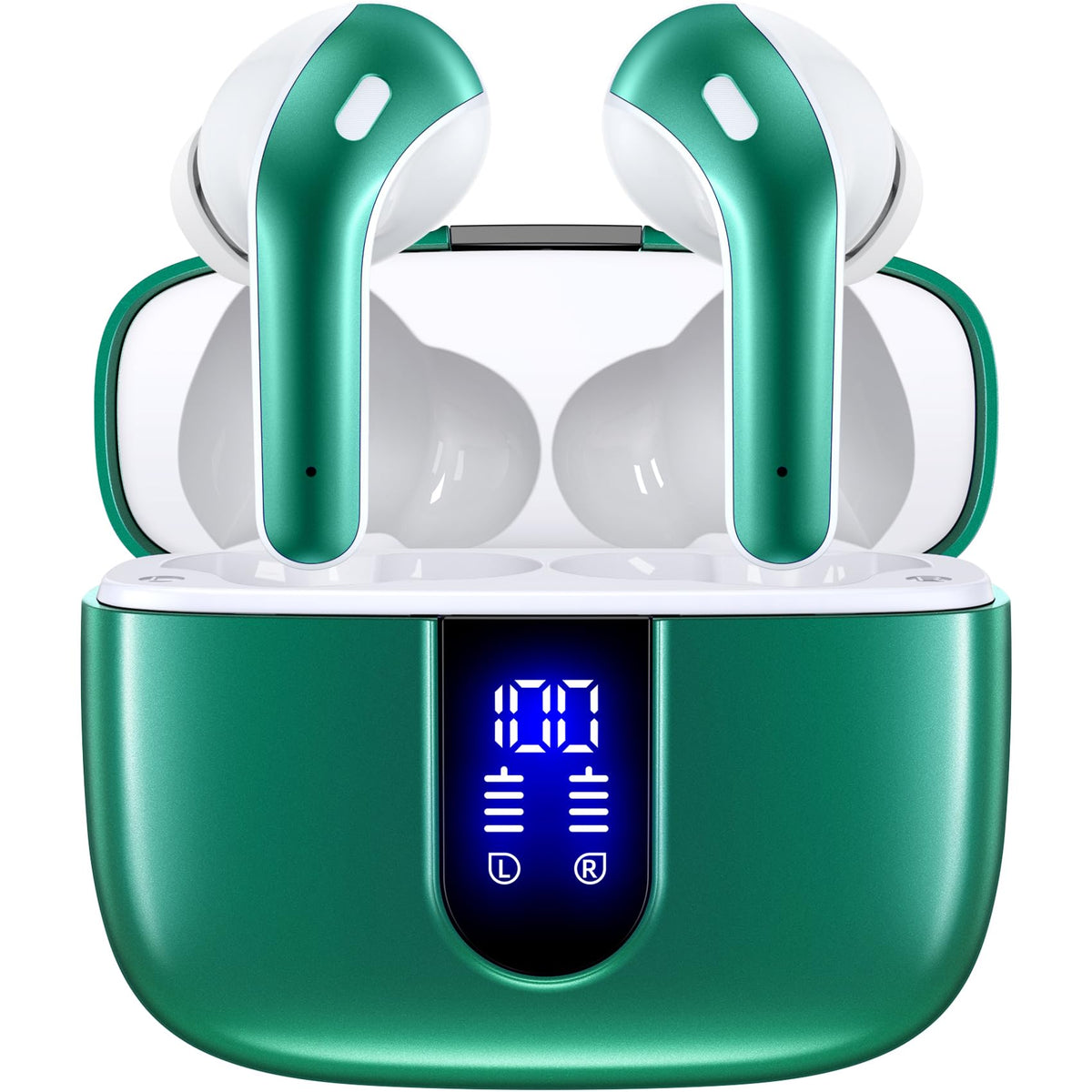 TAGRY vista frontal del estuche abierto con auriculares y beneficio portabilidad