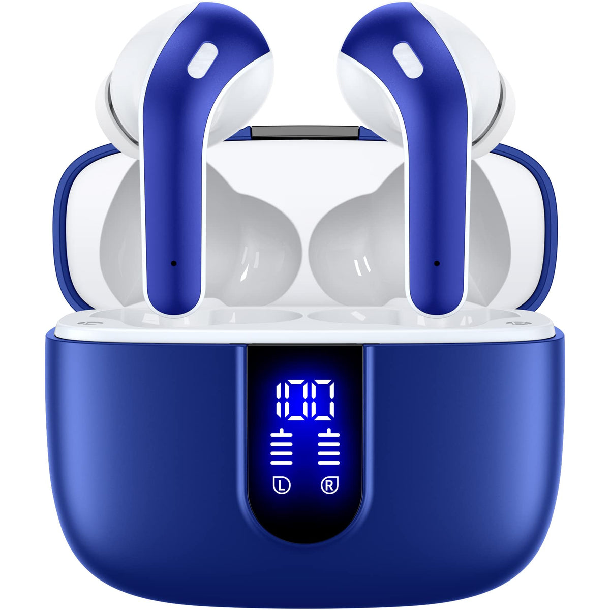 TAGRY auriculares X08 frontal y estuche abierto mostrando auriculares y beneficio de transporte