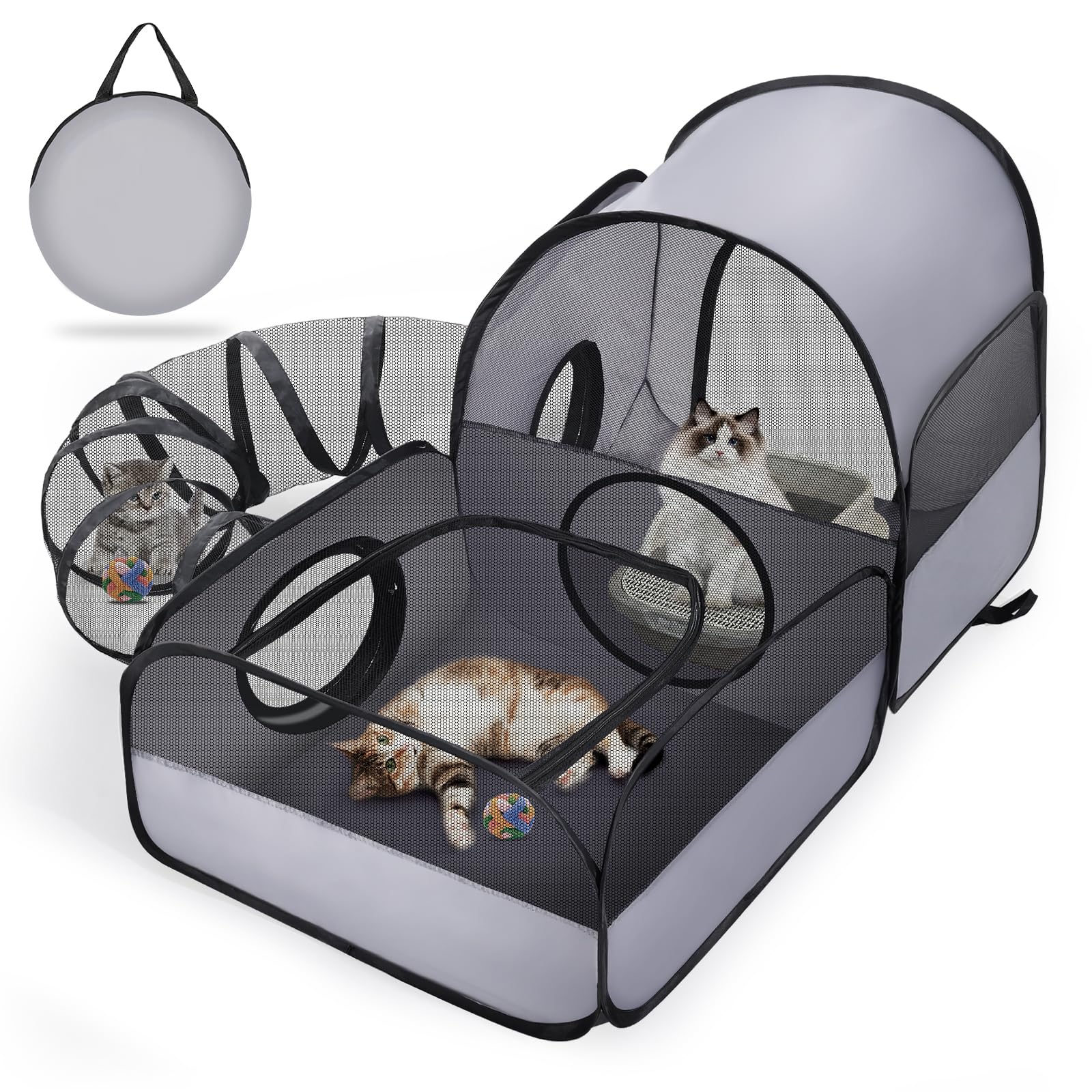 TailTastic front view of two-zone grey playpen showing tunnel and entrances, keeps pets active