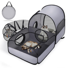 TailTastic front view of two-zone grey playpen showing tunnel and entrances, keeps pets active