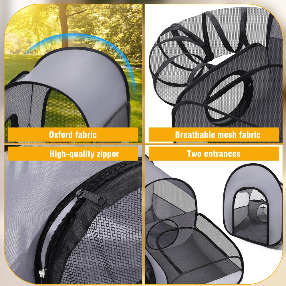 TailTastic playpen shown next to an adult cat to illustrate scale and usable floor space