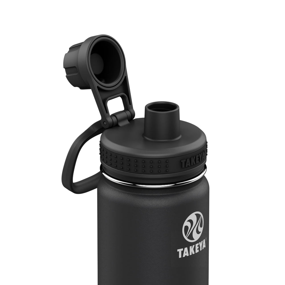 Takeya insulated spout lid close-up highlighting leakproof convenience