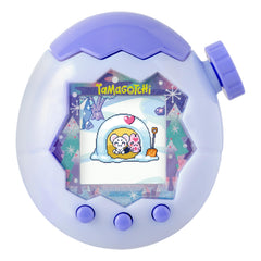 Tamagotchi frontal con carcasa White Glacier mostrando pantalla clara