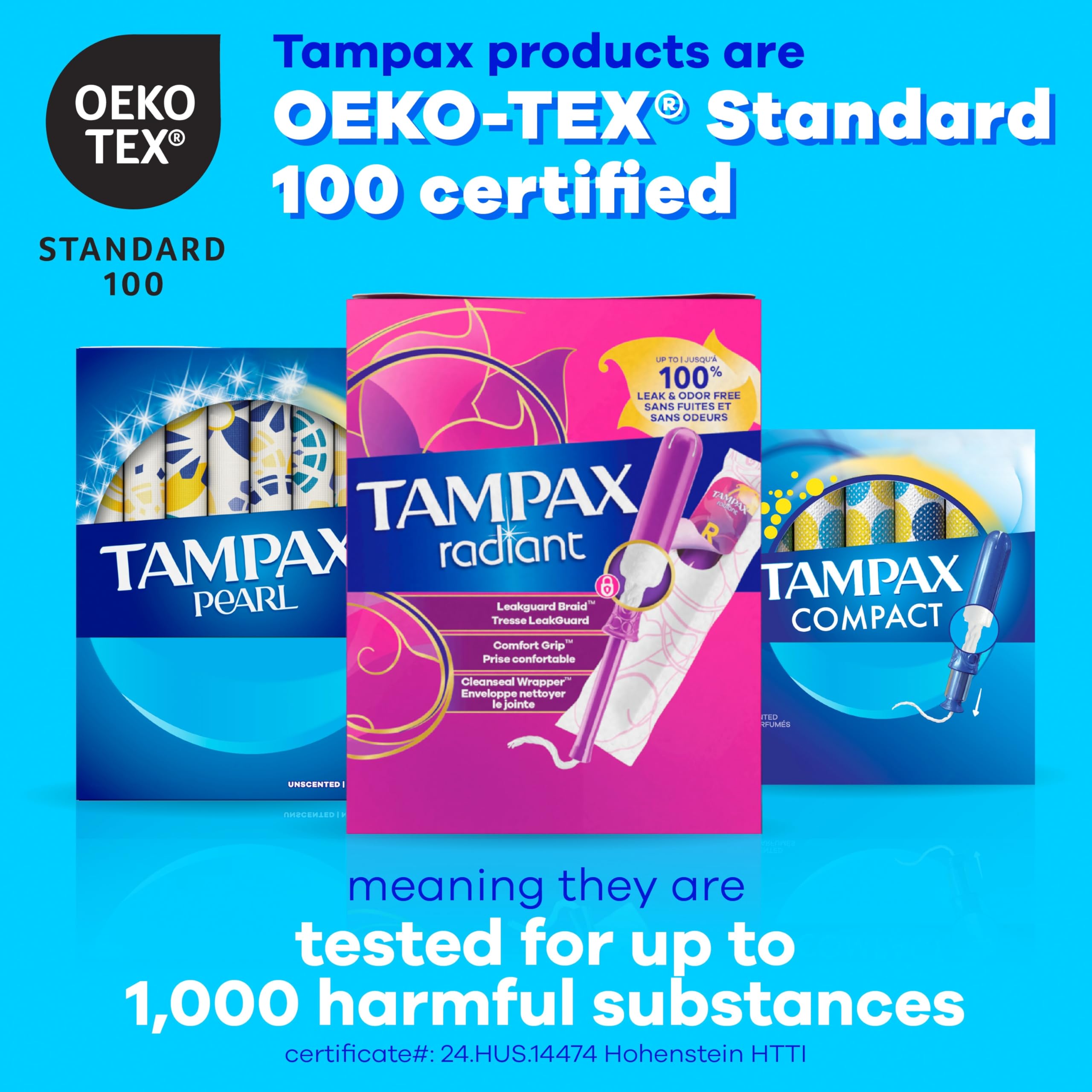 Tampax etiqueta OEKO-TEX que indica control de sustancias