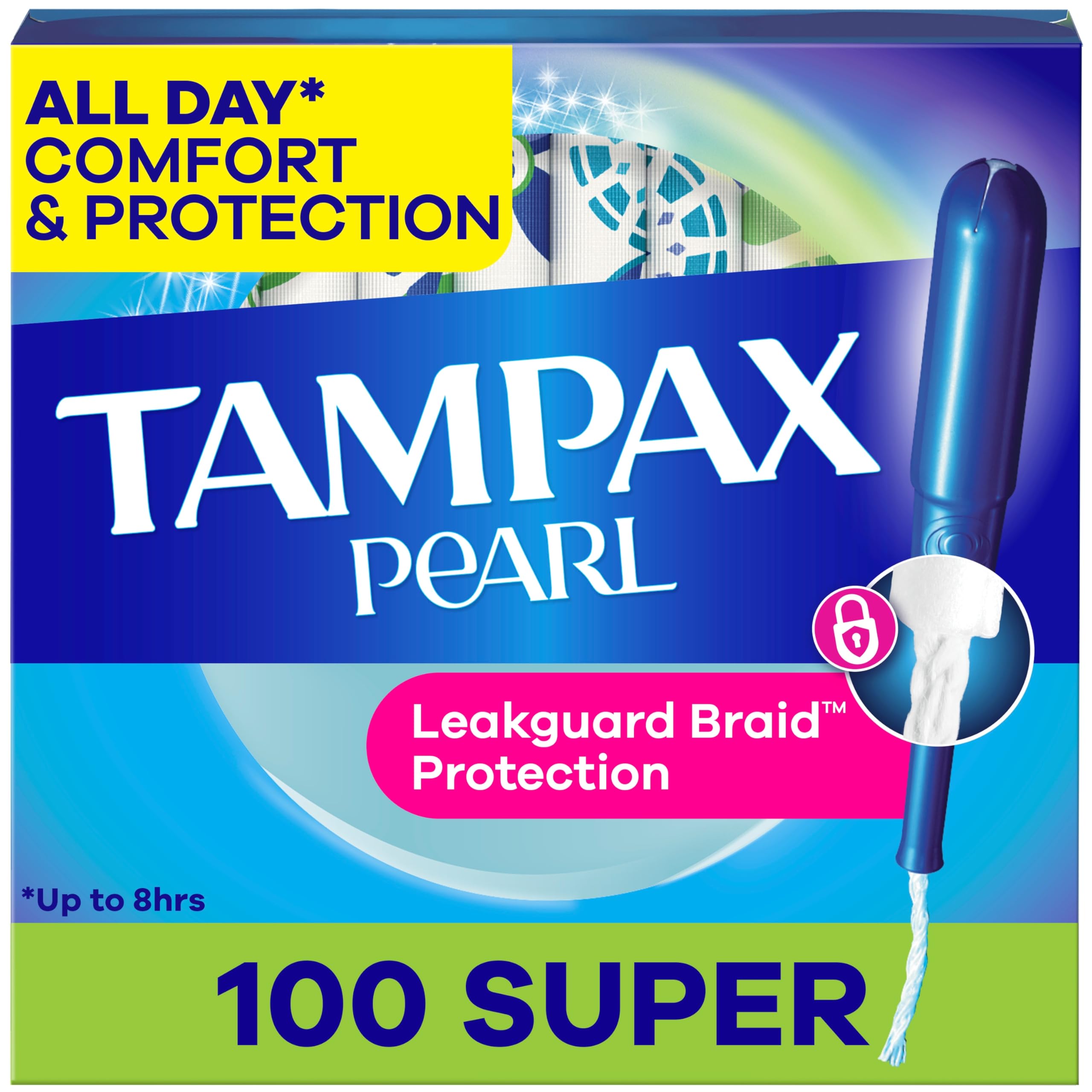 Tampax empaque frontal mostrando 100 tampones y beneficios claros