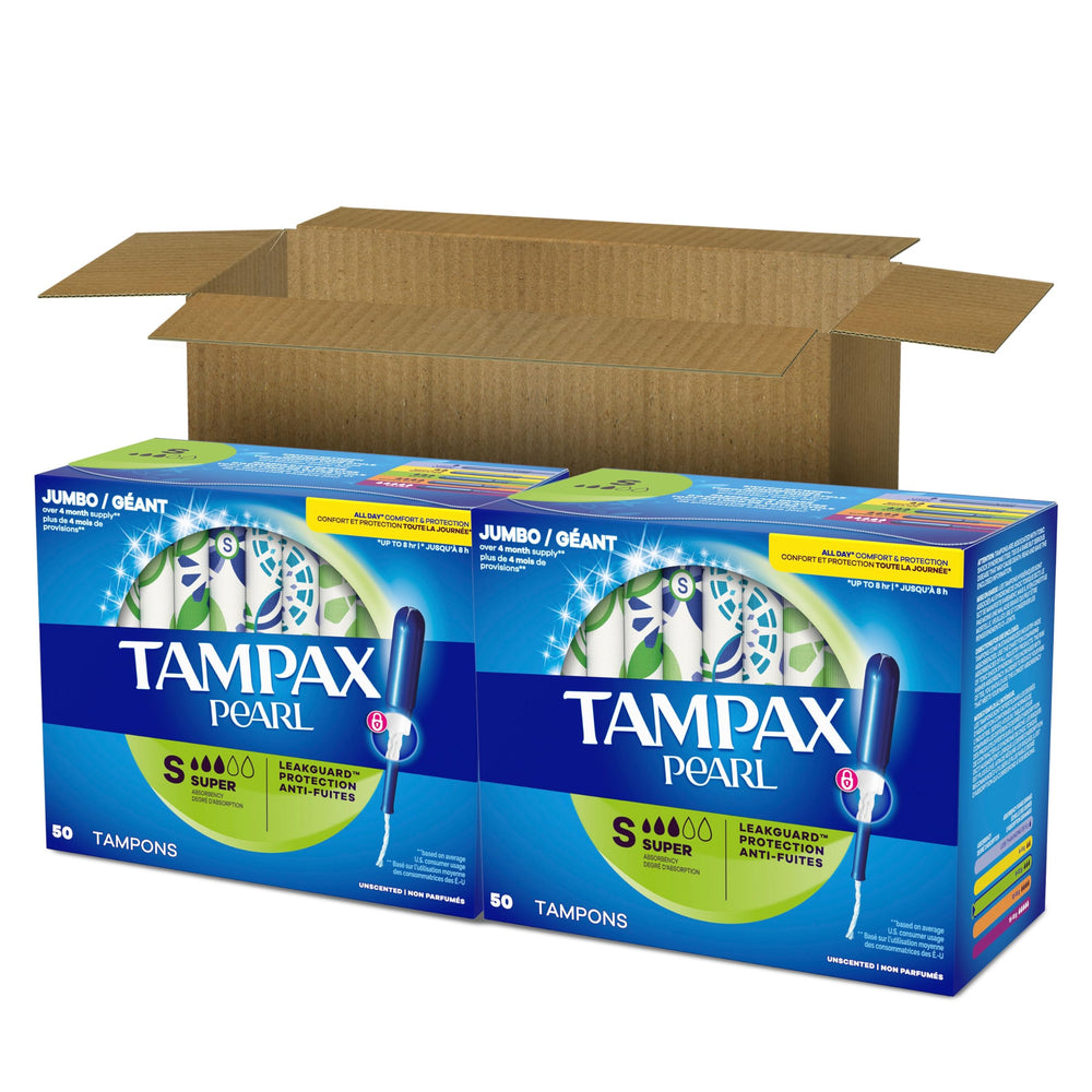 Tampax dos paquetes 50 unidos mostrando ahorro y suministro