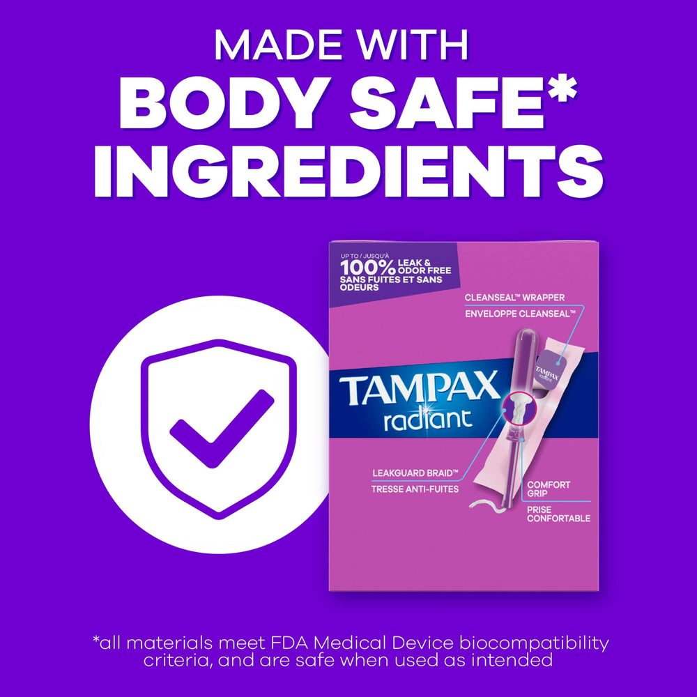 Tampax Radiant absorbency range image showing Regular to Super Plus options