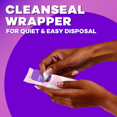 Tampax Radiant CleanSeal wrapper displayed for quiet, discreet disposal