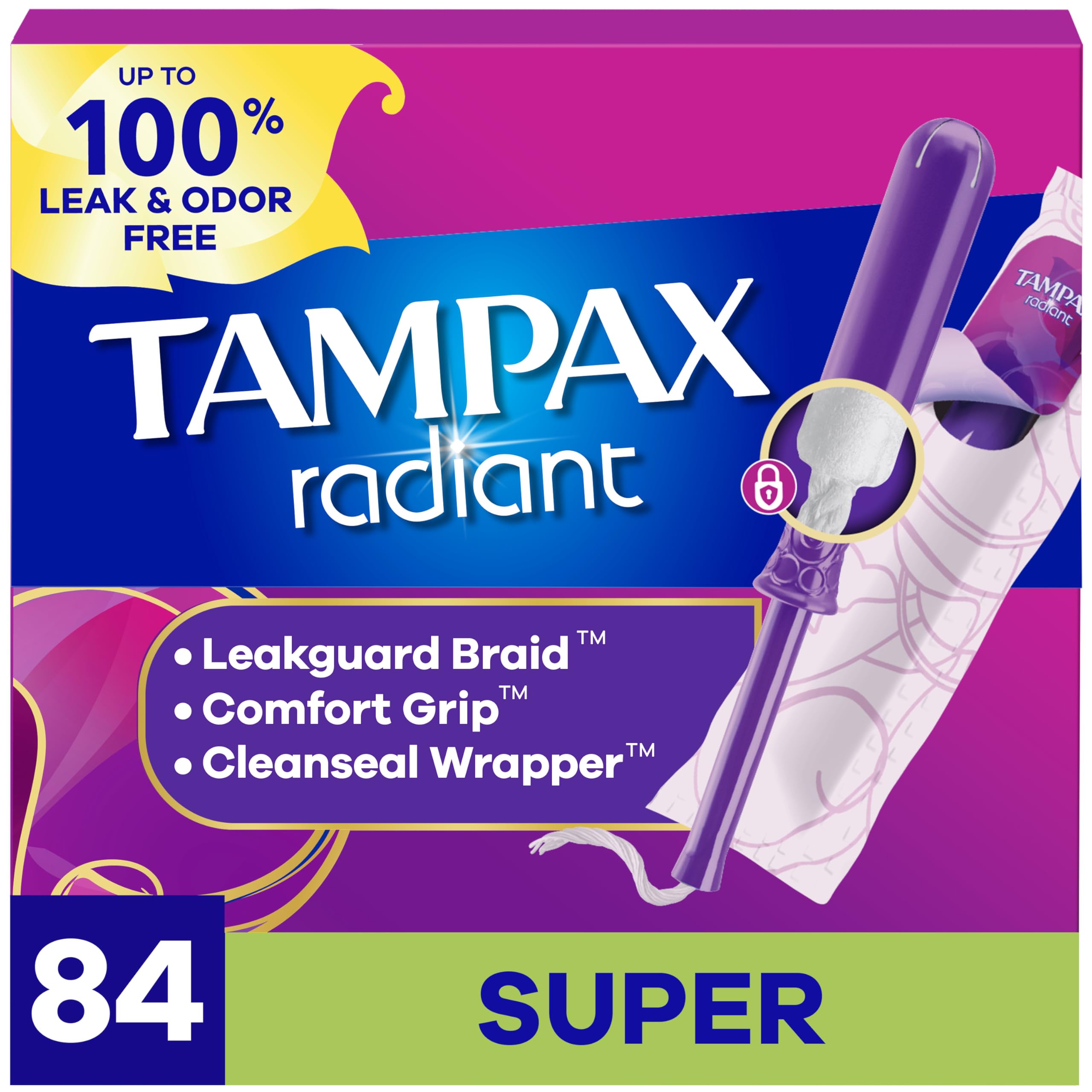 Tampax Radiant paquete frontal mostrando cantidad 84 y beneficio protección