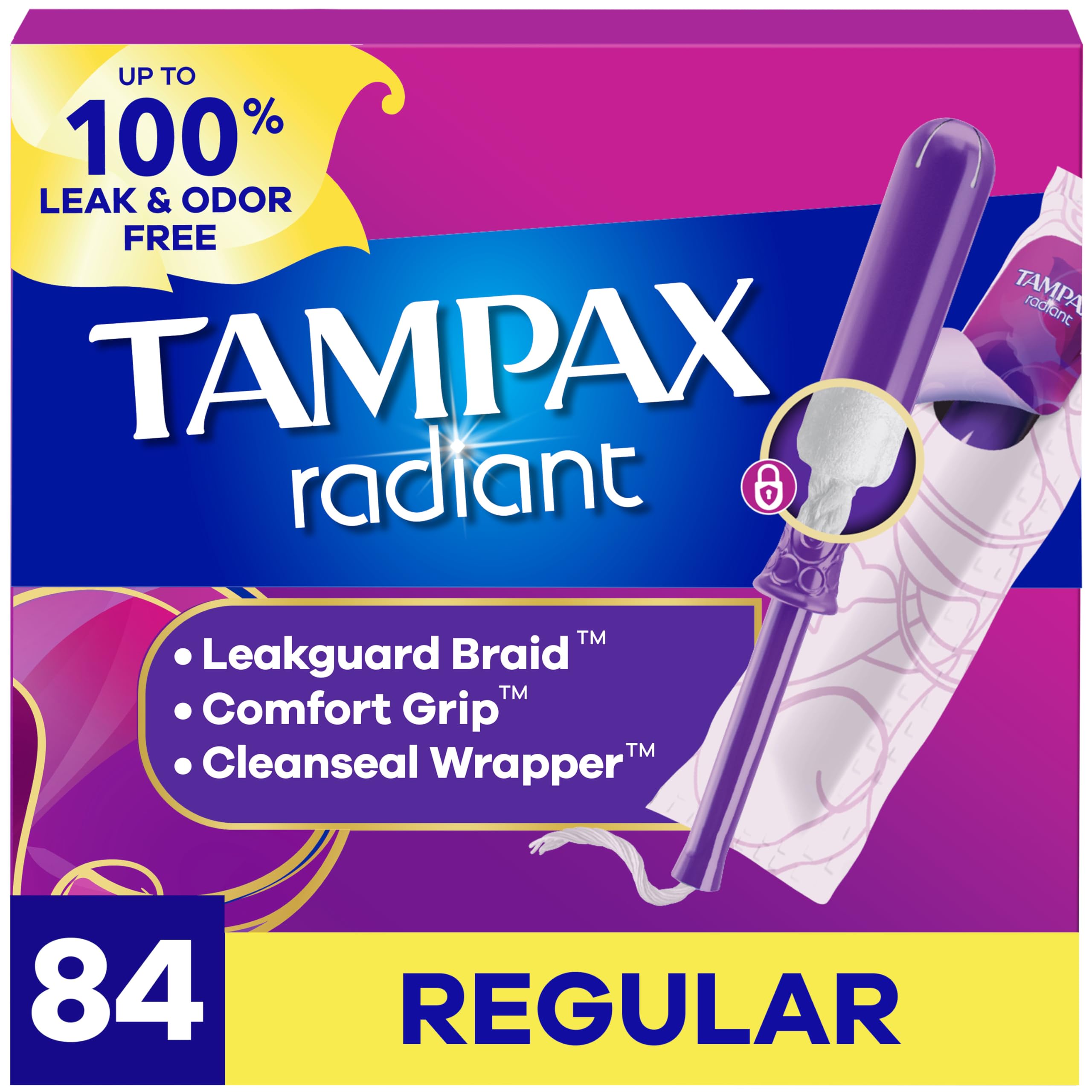 Tampax Radiant vista frontal del empaque mostrando cantidad y beneficio de protección