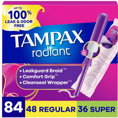 Tampax Radiant vista frontal del empaque multipack con protección