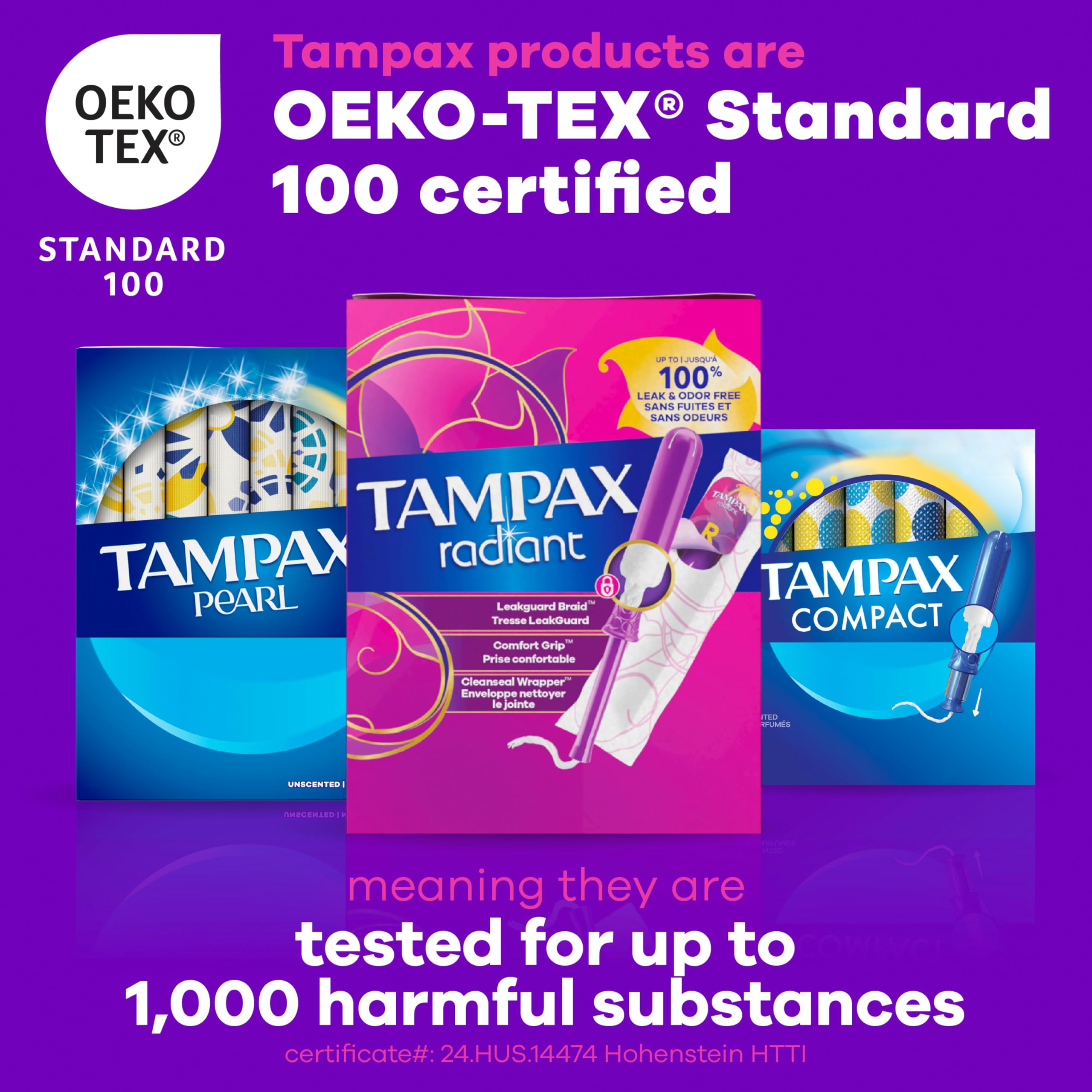 Tampax Radiant etiqueta de ingredientes que muestra ausencia de perfume y BPA