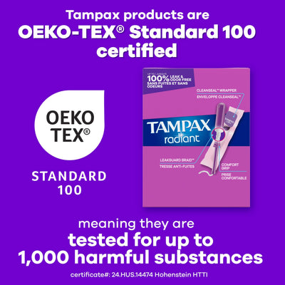 Tampax Radiant ingredients and OEKO-TEX label showing tested safety