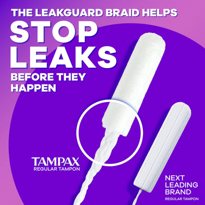 Tampax Radiant LeakGuard Braid detail highlighting enhanced leak protection