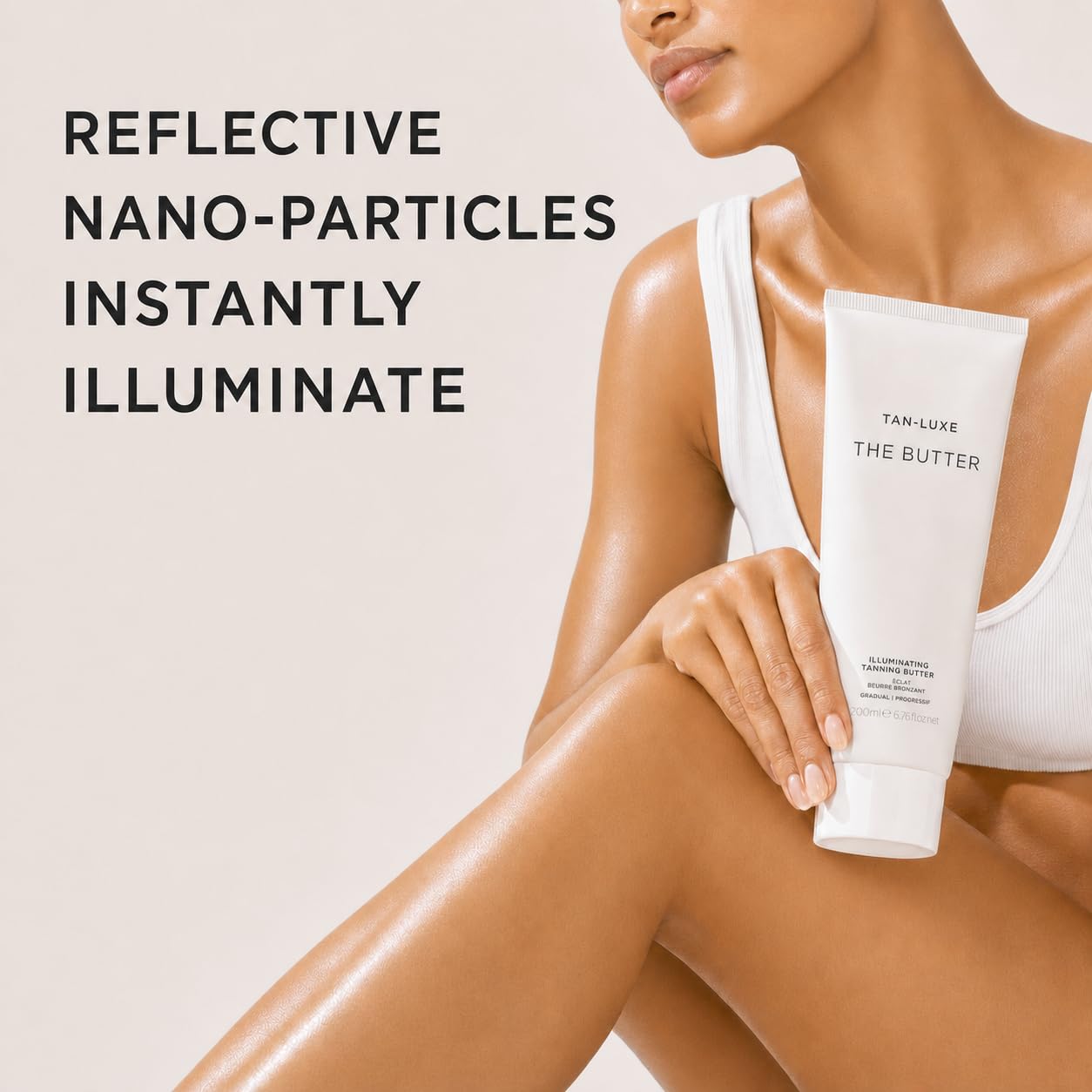 Tan-Luxe primer plano de nanopartículas reflectantes para brillo instantáneo
