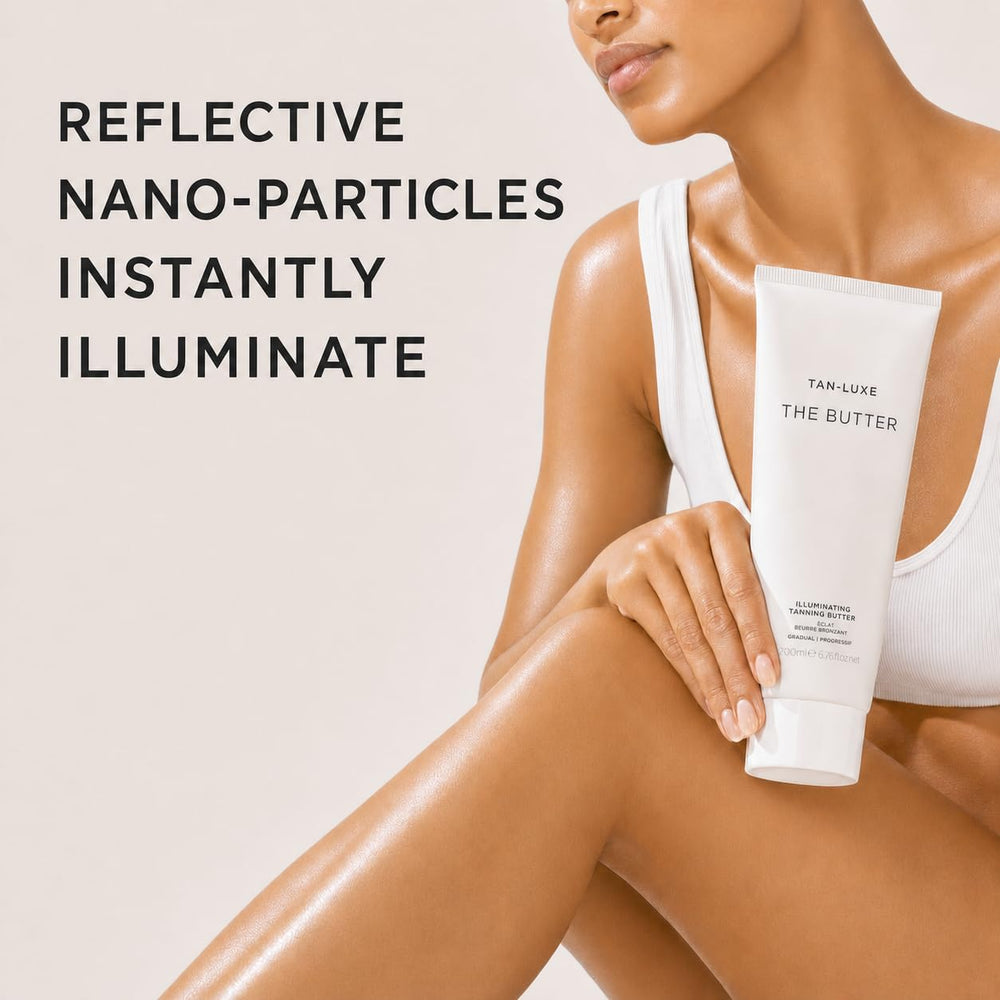 Tan-Luxe primer plano de nanopartículas reflectantes para brillo instantáneo