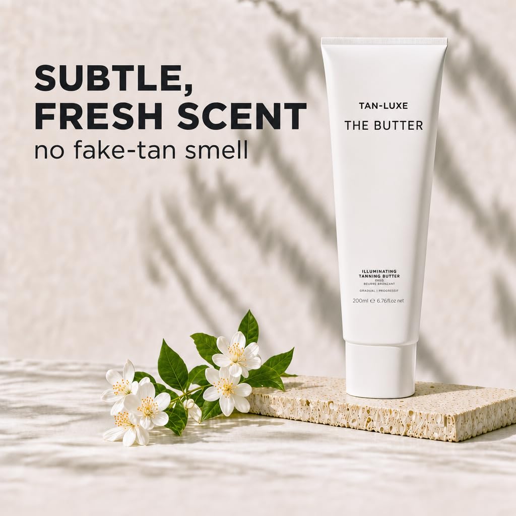 Tan-Luxe etiqueta con ingredientes principales y beneficios antioxidantes