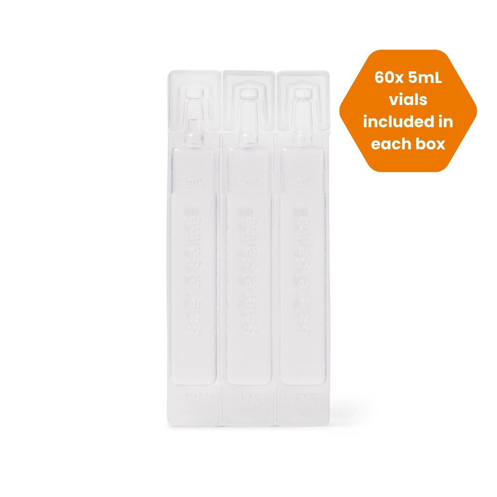 Tangible saline single 5mL vial close-up highlighting sterile seal