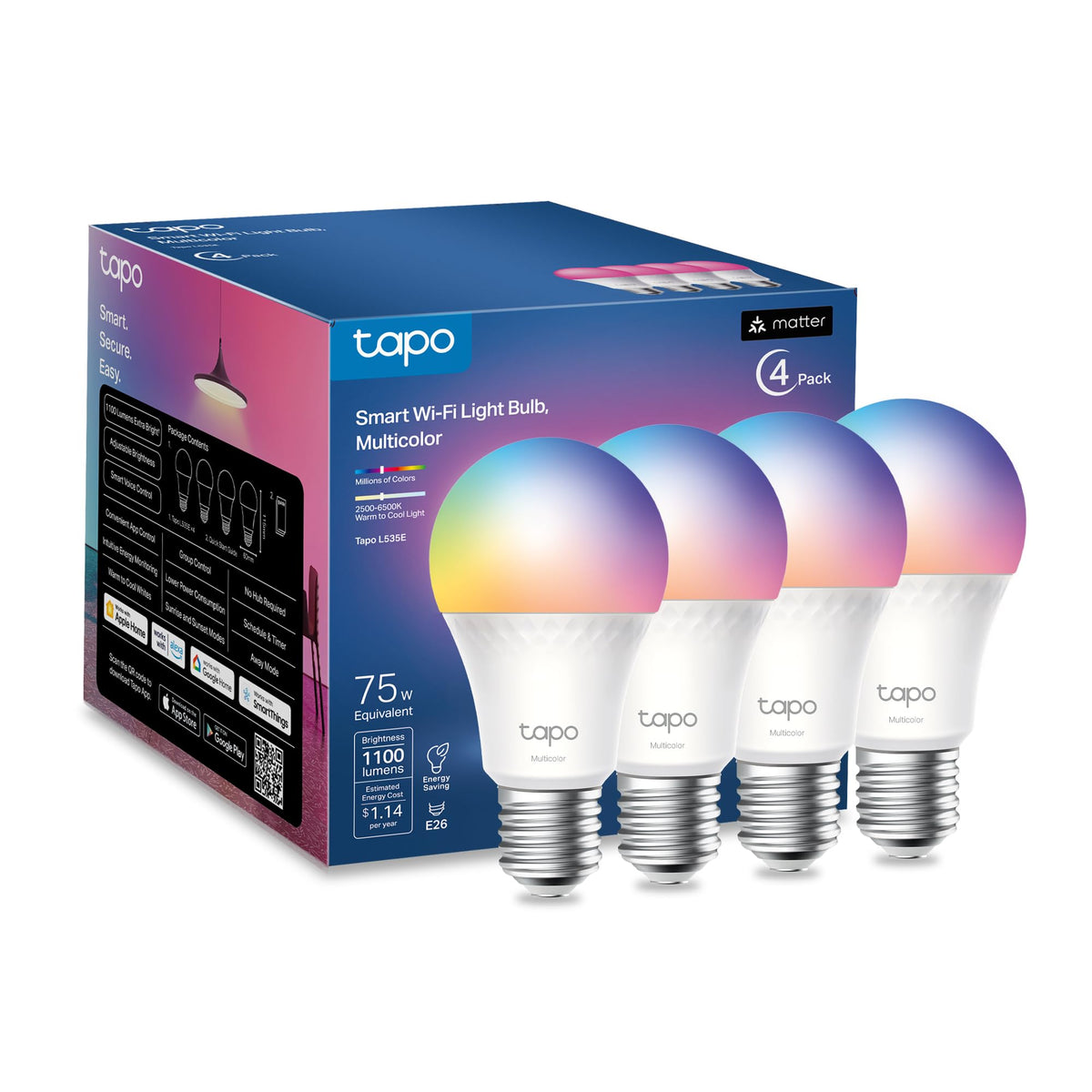Tapo L535E pack frontal mostrando las cuatro bombillas y su brillo