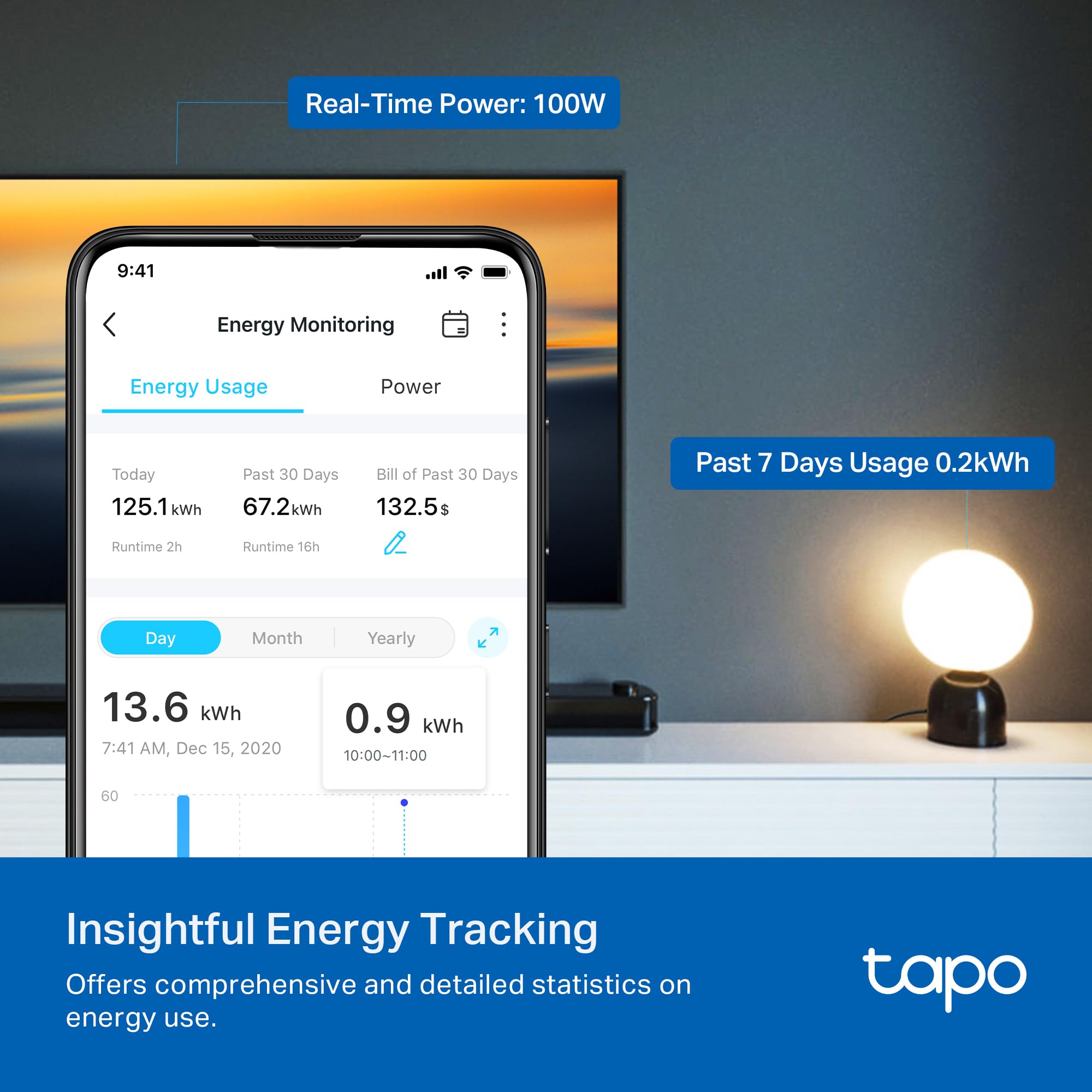 Tapo P110M pantalla de la app con estadísticas para ahorrar energía