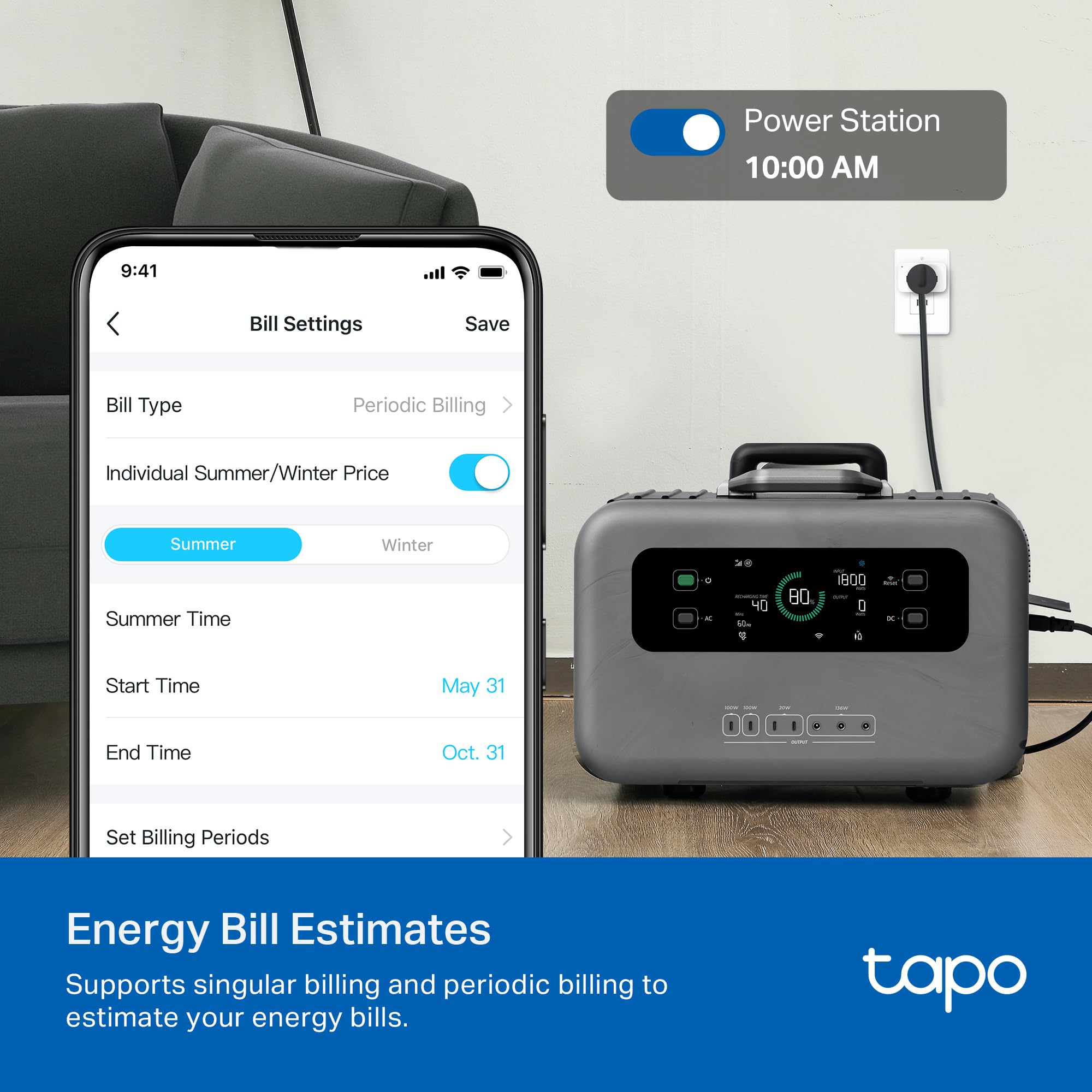Tapo P110M enchufado a una lámpara con control remoto y ahorro